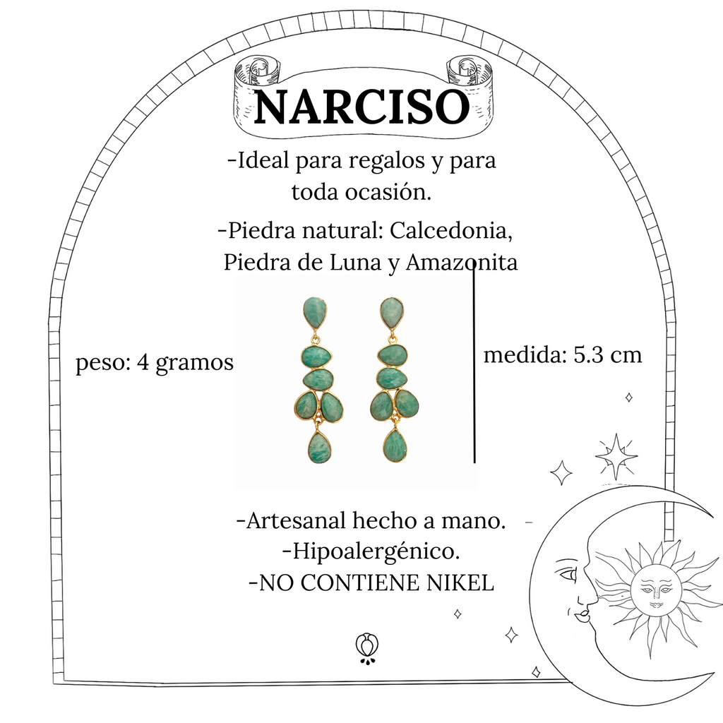 NARCISO, aretes con piedras, bañados en oro de 24k.